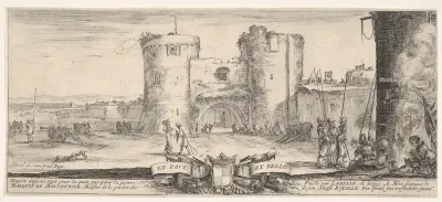 An entrance to a fortress in center, a woman with child seated by a fire to right, soldiers gather to right and in center, cannons in landscape to left, title page for "Peace and War" (Divers desseins tant pour la paix que pour la guerre)