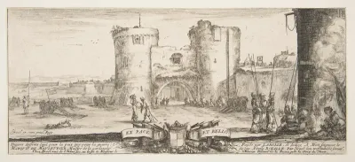 An entrance to a fortress in center, a woman with child seated by a fire to right, soldiers gather to right and in center, cannons in landscape to left, title page from "Peace and War" (Divers desseins tant pour la paix que pour la guerre)