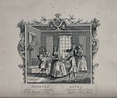 An episode from a farce in the theatre: three men and two women engaged in a dispute with one man pointing at the guilty-looking young woman at the front