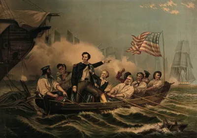 An episode in American naval history: a man in a battle at sea, commanding his men to row in a small boat, surrounded by large ships and the smoke from cannon fire