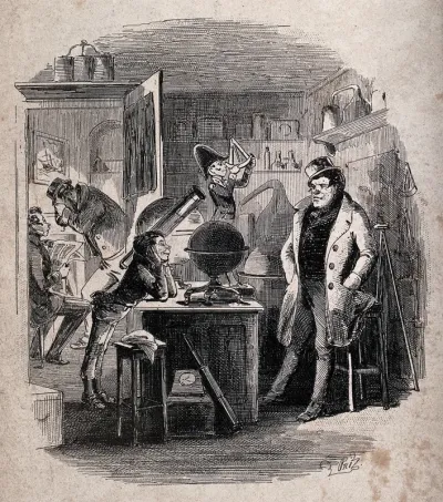 An episode in Dombey and son by Charles Dickens: the interior of "The wooden midshipman", a shop in the City of London for navigational instruments; a boy ("Rob the Grinder") is conversing with a pugilist known as "The Game Chicken"