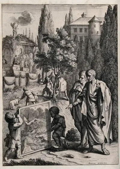 An episode in Juvenal's satire XII: in thanks for the escape of their mutual friend Catullus from a shipwreck, Juvenal shows to Corvinus a votive painting depicting Catullus's survival, while putti prepare to sacrifice animals as thank-offerings to t