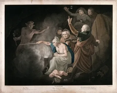 An episode in King Henry VI, part II: Margerie Jourdayne with others conjure up a diabolical spirit in the hope of revealing to Humfrey Duke of Gloucester the results of competing claims to the English crown