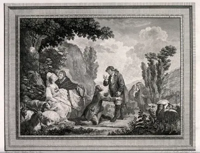 An episode in La bergère des Alpes by Jean-François Marmontel: Fonrose disguised as a shepherd begs forgiveness from his father M