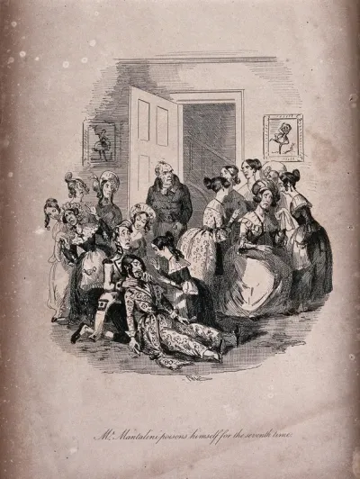 An episode in Nicholas Nickleby by Charles Dickens: a crowd gathers around Mr Mantalini who has attempted to poison himself