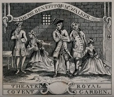 An episode in The beggar's opera: the highwayman Macheath in prison, two young women are kneeling in front of two men and begging for his release