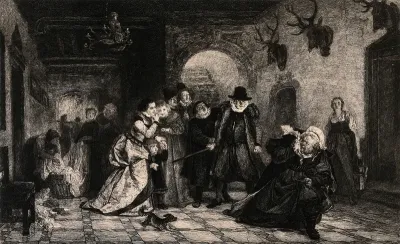 An episode in The merry wives of Windsor: Ford raises a stick to beat Falstaff disguised as Mrs Ford's maid's aunt