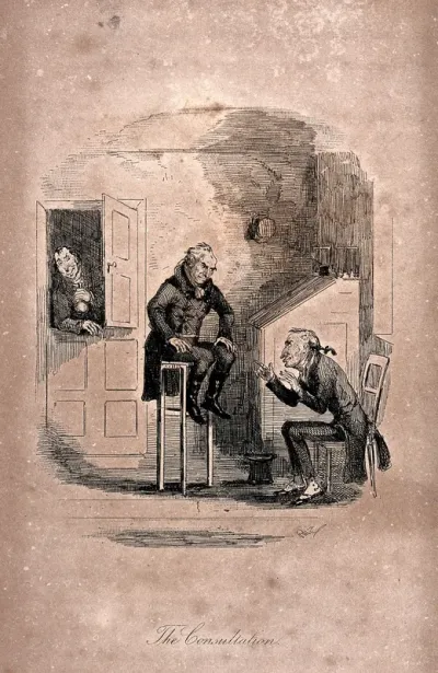 An episode in the novel Nicholas Nickleby: Ralph Nickleby, seated on a high stool, and Arthur Gride, sitting on a low chair, conspire to defraud Madeline Bray of her inheritance; Newman Noggs eavesdrops on their conversation from the door