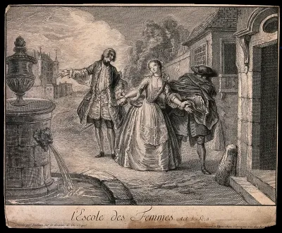 An episode in the play L'école des femmes by Molière: Horace, standing in a city street, asks Arnulphe (in disguise) to look after Agnès