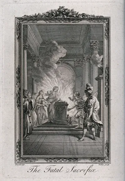 An episode in the play Olimpie by Voltaire: Olympia throws herself on the fire out of her love for Cassander, the murderer of her father Alexander the Great
