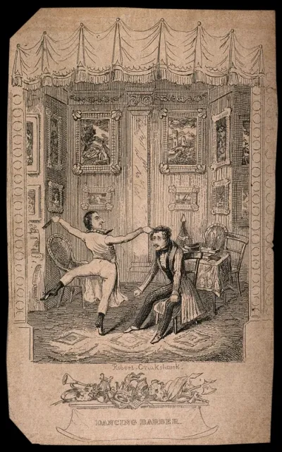 An episode in the play "The dancing barber" by Charles Selby: Narcissus Fitzfrizzle attending to the hair of Alfred Fitzfrolic in the rooms of the latter