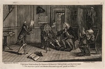 An episode in Tristram Shandy: Corporal Trim reading a sermon to Mr