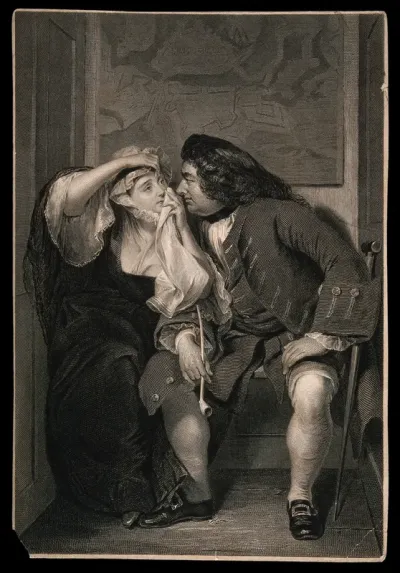 An episode in Tristram Shandy: Uncle Toby looks into Widow Wadman's eye, as she holds it open for him