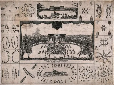 An equestrian entertainment in the Boboli gardens, Florence, celebrating the wedding of Grand Duke Ferdinand II of Tuscany and Vittoria della Rovere, 1637: the carriage viewed against the Pitti Palace, the arena, and bird's eye views of the formation