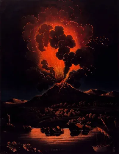 An eruption of Mount Etna at night; people in a boat in the foreground