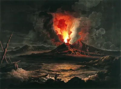 An eruption of Mount Vesuvius at night; boat and two men in the foreground