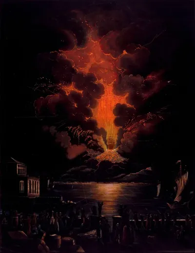 An eruption of Mount Vesuvius at night; people watching the eruption in the foreground