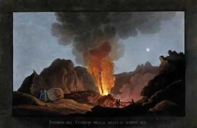 An eruption of Vesuvius at night, 1829, showing the inside of the crater with smoke, fire and lava, and spectators looking on