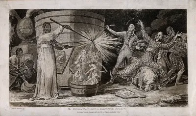 An evil magician raises demons from a distillery tub as onlookers fall back amazed