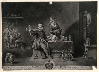 An excited physician examining a urine specimen and referring to a book, while the patient waits for the diagnosis, two assistants are mixing concoctions in the background