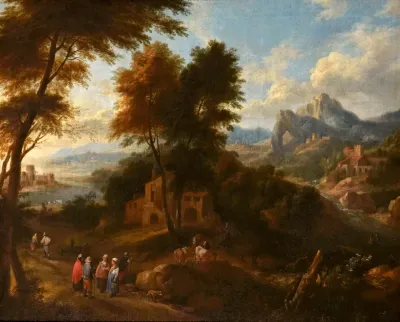An Extensive River Landscape with Figures around a Village with a Town in the Distance