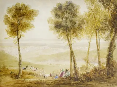 An extensive view of the Severn Valley with figures picknicking on the Wyndcliffe