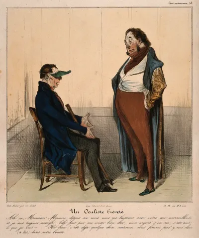 An eye specialist (Monsieur Macaire) trying to convince a patient to spend more money on treatment