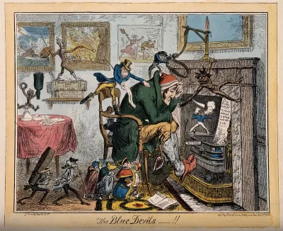 An ill man next to his empty hearth tormented by the miseries of life; presented surrounded by assorted chastising demons