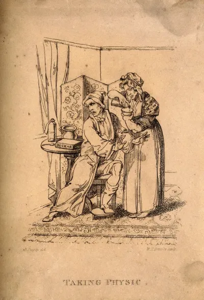 An ill man reluctantly taking his medicine