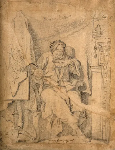An ill man seated by a fireplace vomiting into a bowl