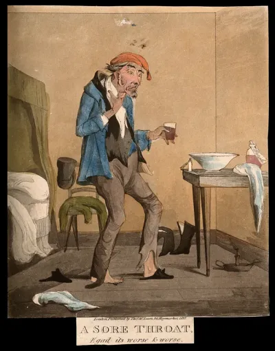 An ill man taking a gargling mixture for a sore throat