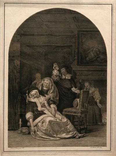 An ill woman collapsing, a maid rushes to her aid while her physician is examining a urine specimen