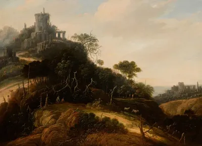 An imaginary mountainous landscape, with figures, animals, and castle ruins beyond