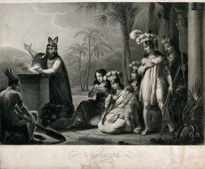 An Inca priest makes a sacrifice to the sun; representing the continent of America
