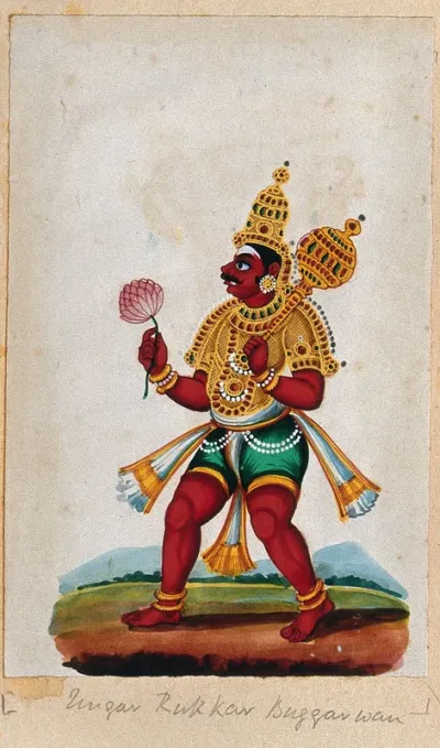 An Indian deity holding a mace and a lotus flower