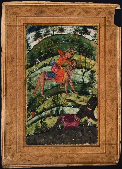 An Indian deity riding a lion (Durga?) shoots an arrow at a black demon