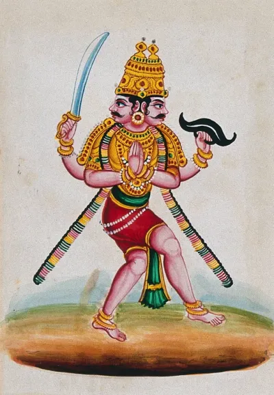 An Indian deity with two heads and four arms, Veerabhadra (?)
