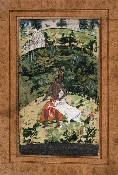 An Indian deity wrestles with a white horse