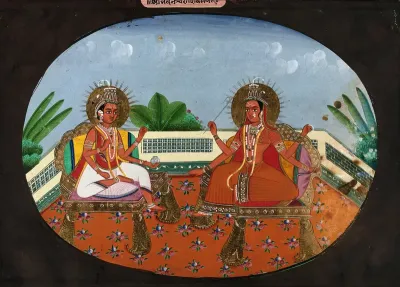 An Indian god and goddess, each with four arms, seated on golden thrones
