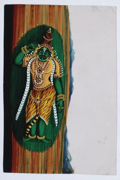 An Indian god(?) lying horizontally with the 'V' mark of Vishnu smeared on his forehead