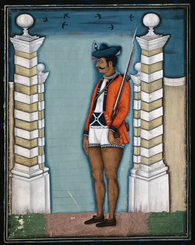 An Indian guard on duty outside an Englishman's house in Calcutta