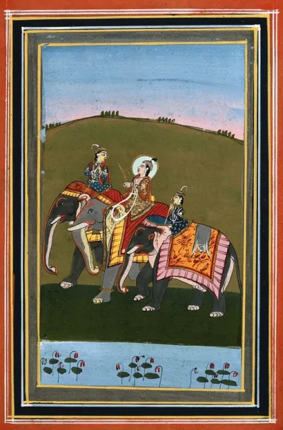 An Indian king and two other members of royalty riding on elephants