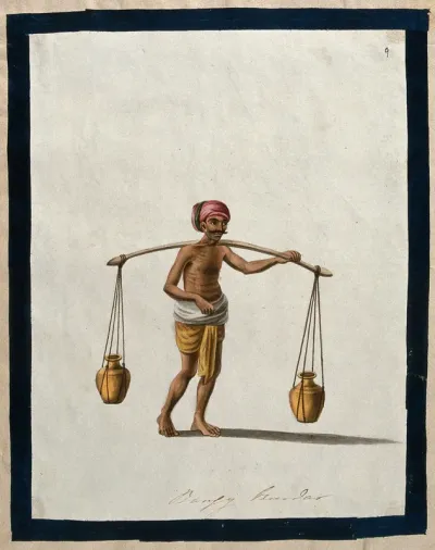 An Indian man, maybe selling milk or water, carrying two pots suspended on a pole, on his shoulder