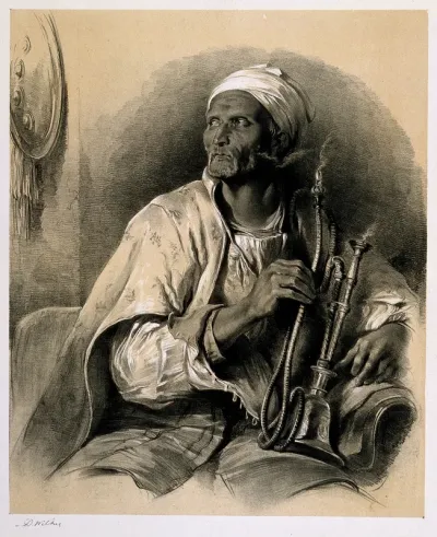 An Indian man sits with a smoking hookah on his knee