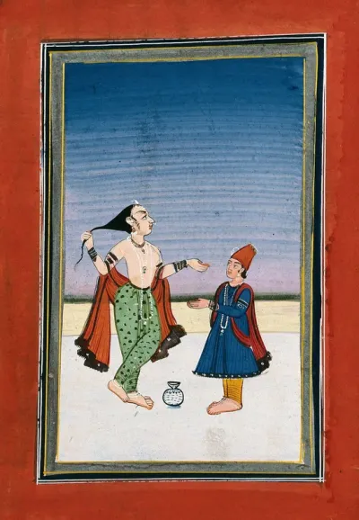 An Indian man standing holding his hair while another man stands in front of him with hands outstretched