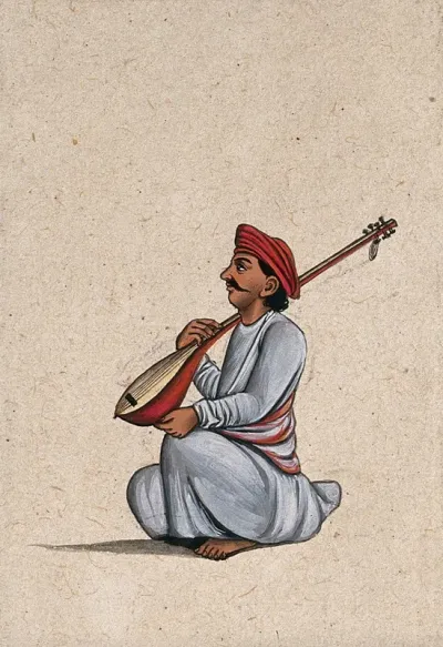 An Indian musician playing a sitar (stringed instrument)