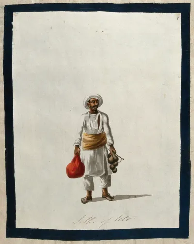 An Indian perfume merchant; a man carrying gourds filled with perfume