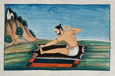 An Indian person of high rank in a yogic posture (the bow pose, or dhanurāsana)