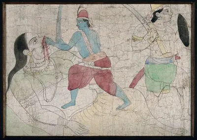 An Indian swordsman slays a giant woman