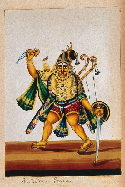An Indian warrior (?) holding a dagger in one hand, a sword and a shield in the other and carrying bows and arrows over his shoulder